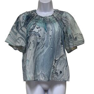 St Roche Honeycomb Top Blue Watercolor Smocked Keyhole Cotton Size Small NWT